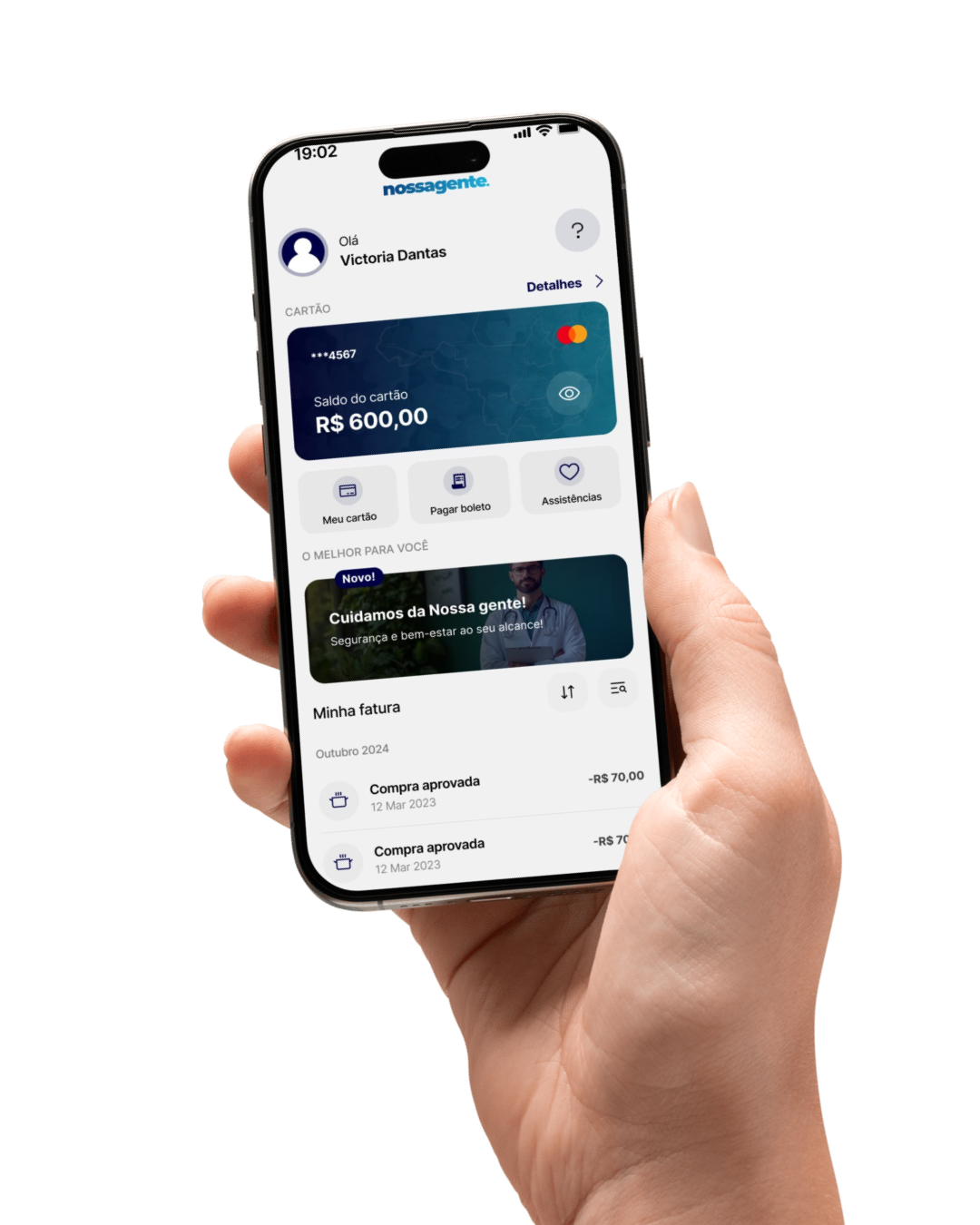 Aplicativo NossaGente Card aberto no celular